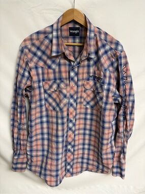 Wrangler Plaid Button-Down Shirt in Pink and Blue